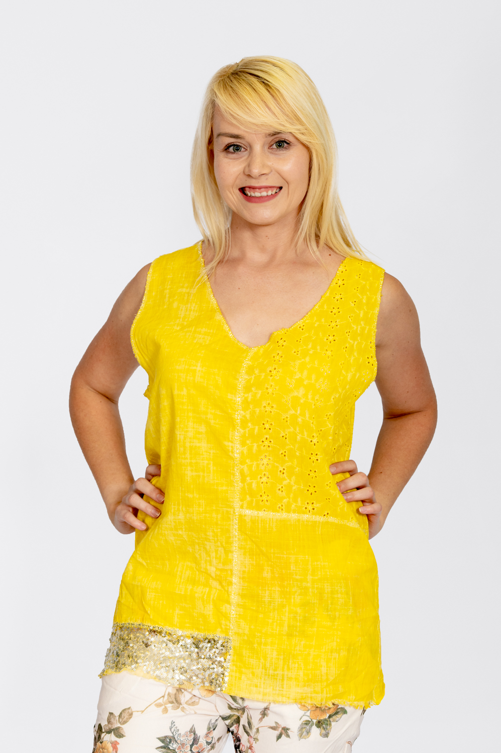 Linen Vest with Sequin Hem Yellow UB Creative