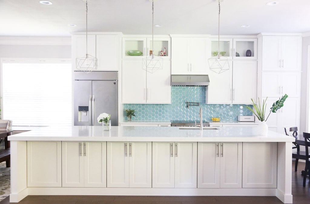 Westlake Contemporary White Kitchen With Aqua Backsplash UB Kitchens