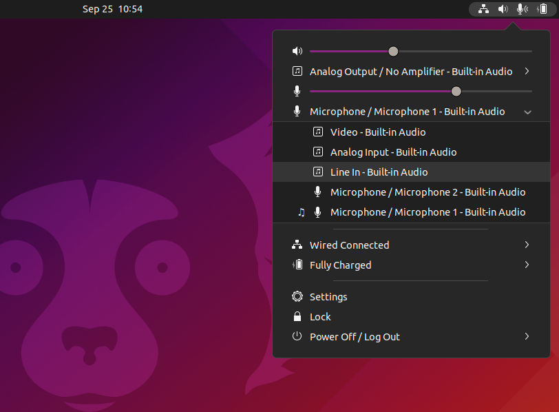 Choose Audio Devices in Ubuntu System Tray Menu via Extension Open