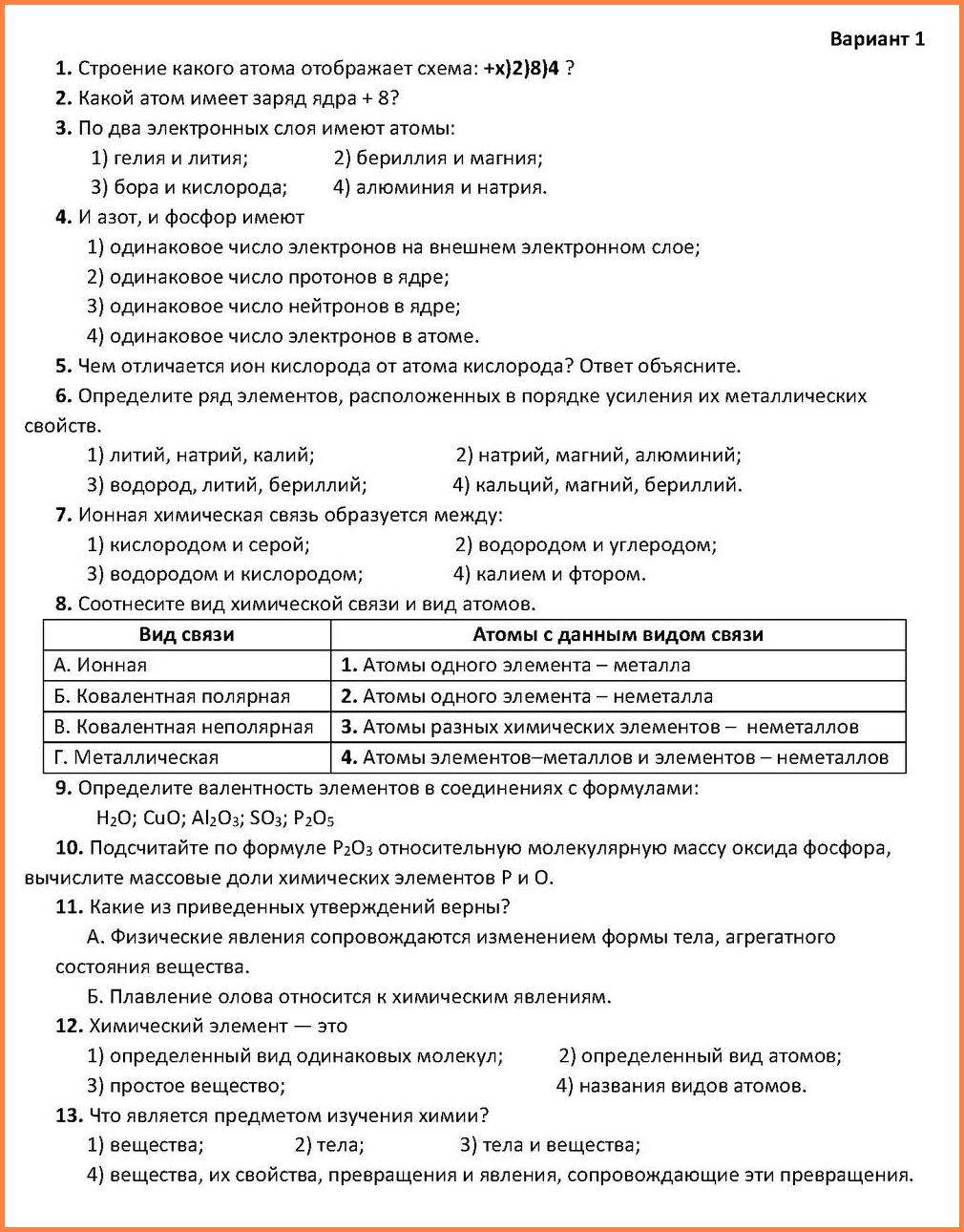 Химия 8 Габриелян Контрольная работа № 1 с ответами