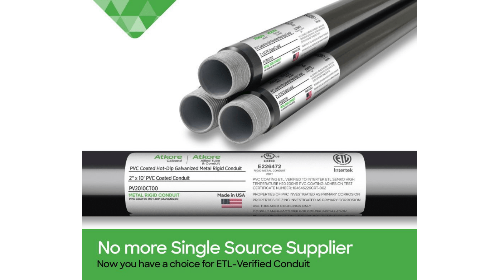 Atkore PVC coated galvanized rigid steel conduit is now ETLVerified
