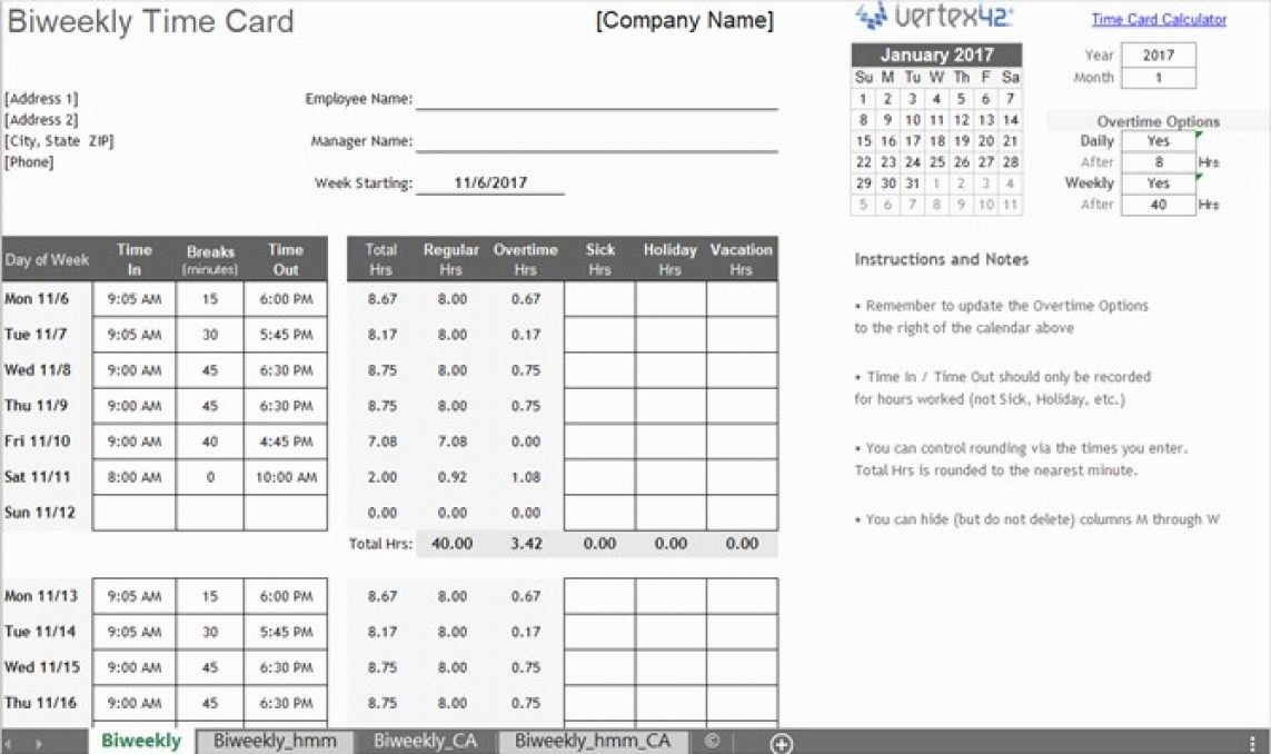 44 Bi Weekly Timecard with Lunch Template