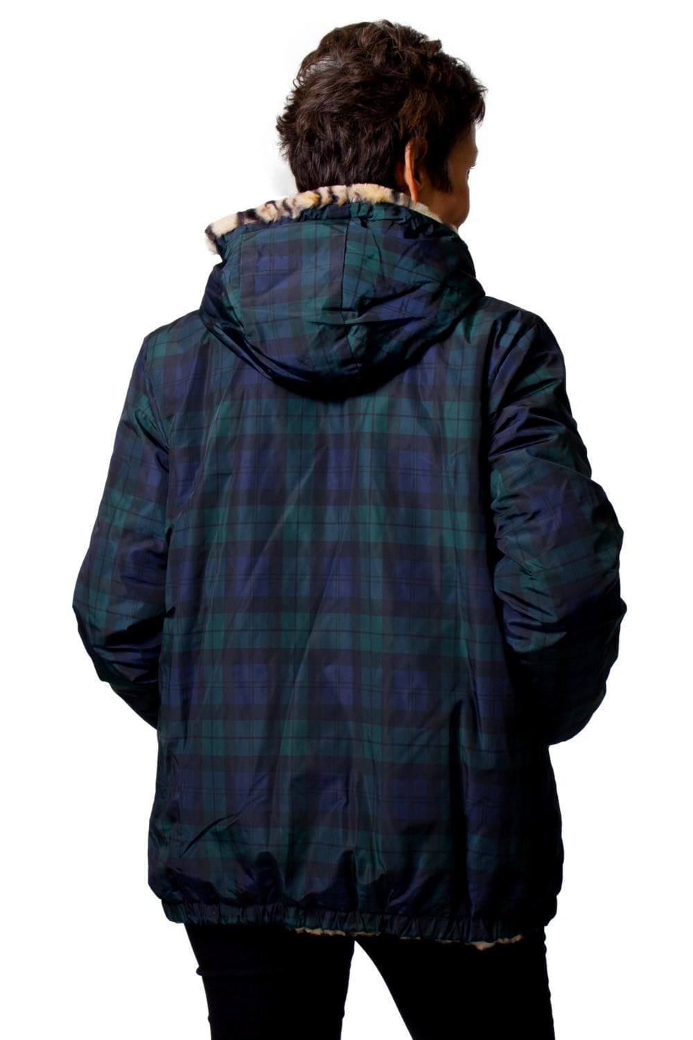 Spotted Faux Fur 26″ Hooded Zip Parka; Reverses to Plaid Polyester Rain