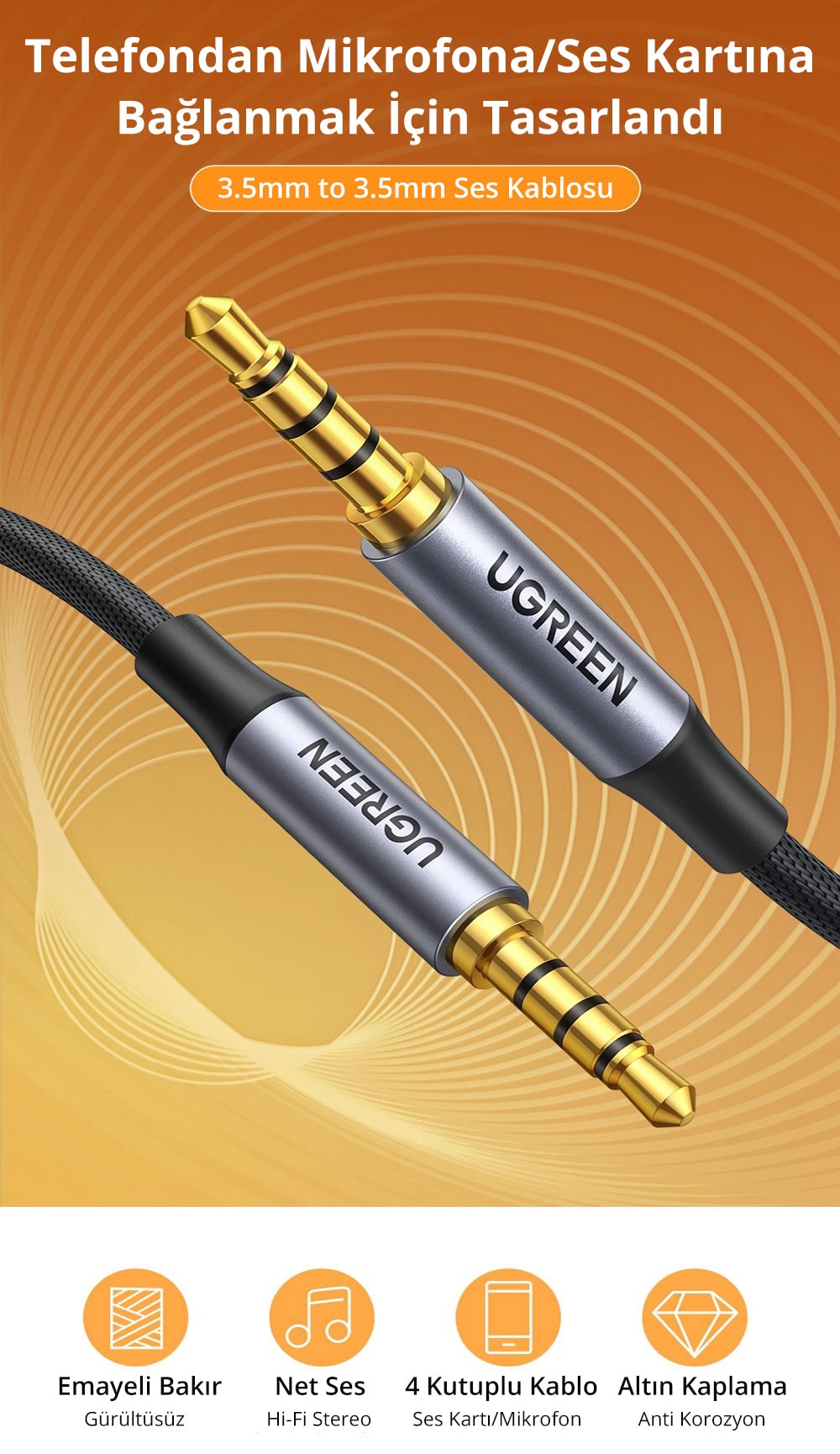 Ugreen 3.5mm HiFi Örgülü TRRS Aux Ses ve Mikrofon Kablosu Siyah 1.5