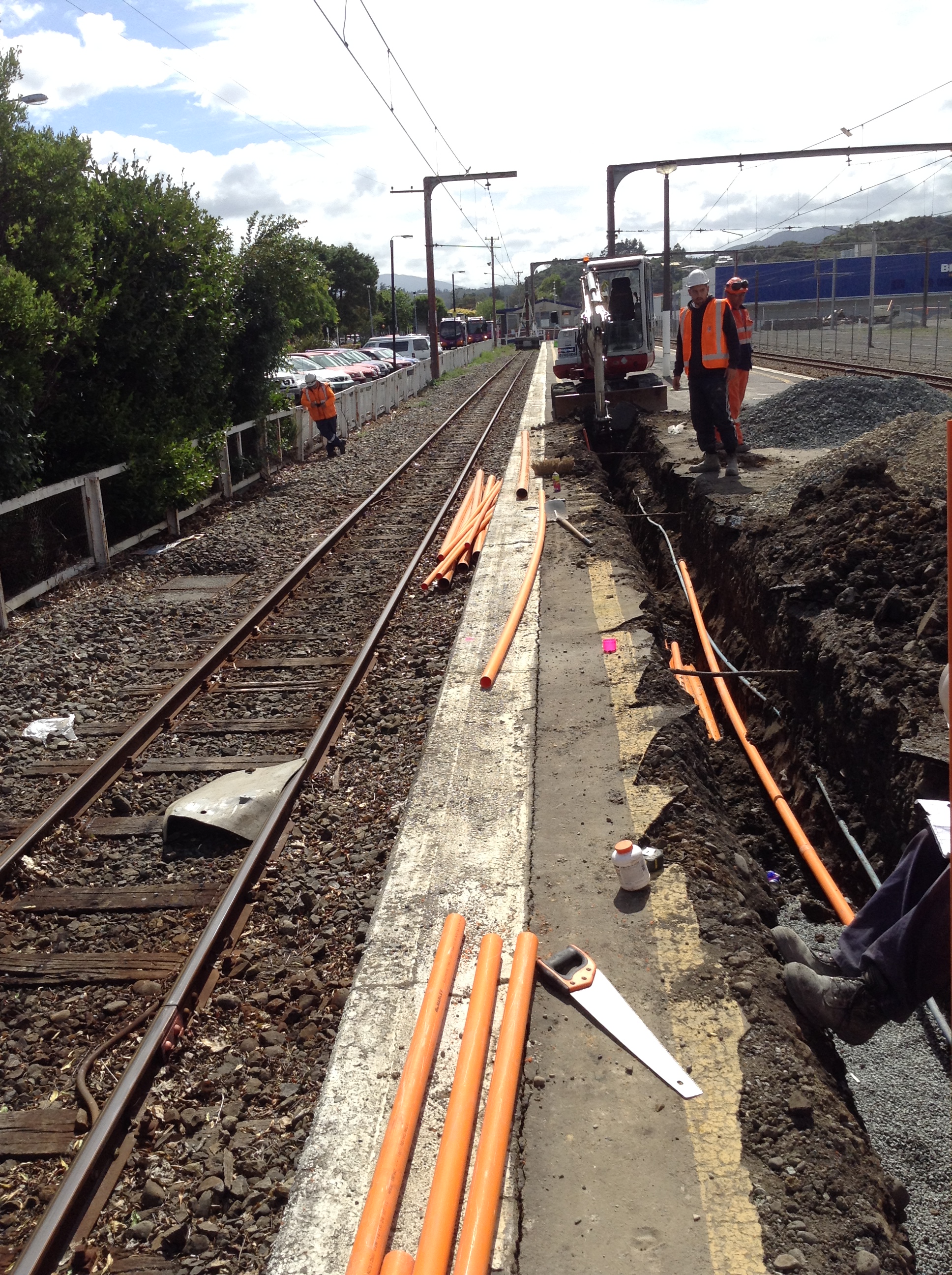 Upper Hutt railway station 2015 3; cable ducts being laid on the main