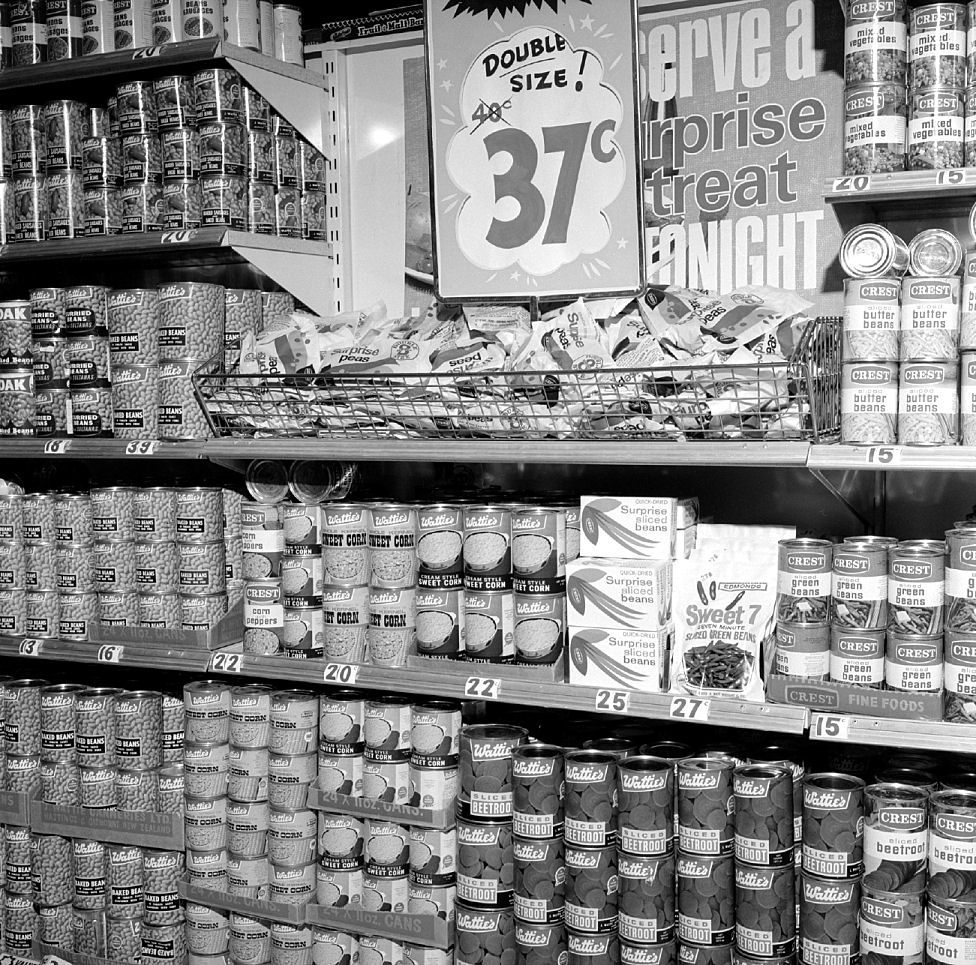 Woolworths display; tinned vegetables. [P164078797] Upper Hutt City