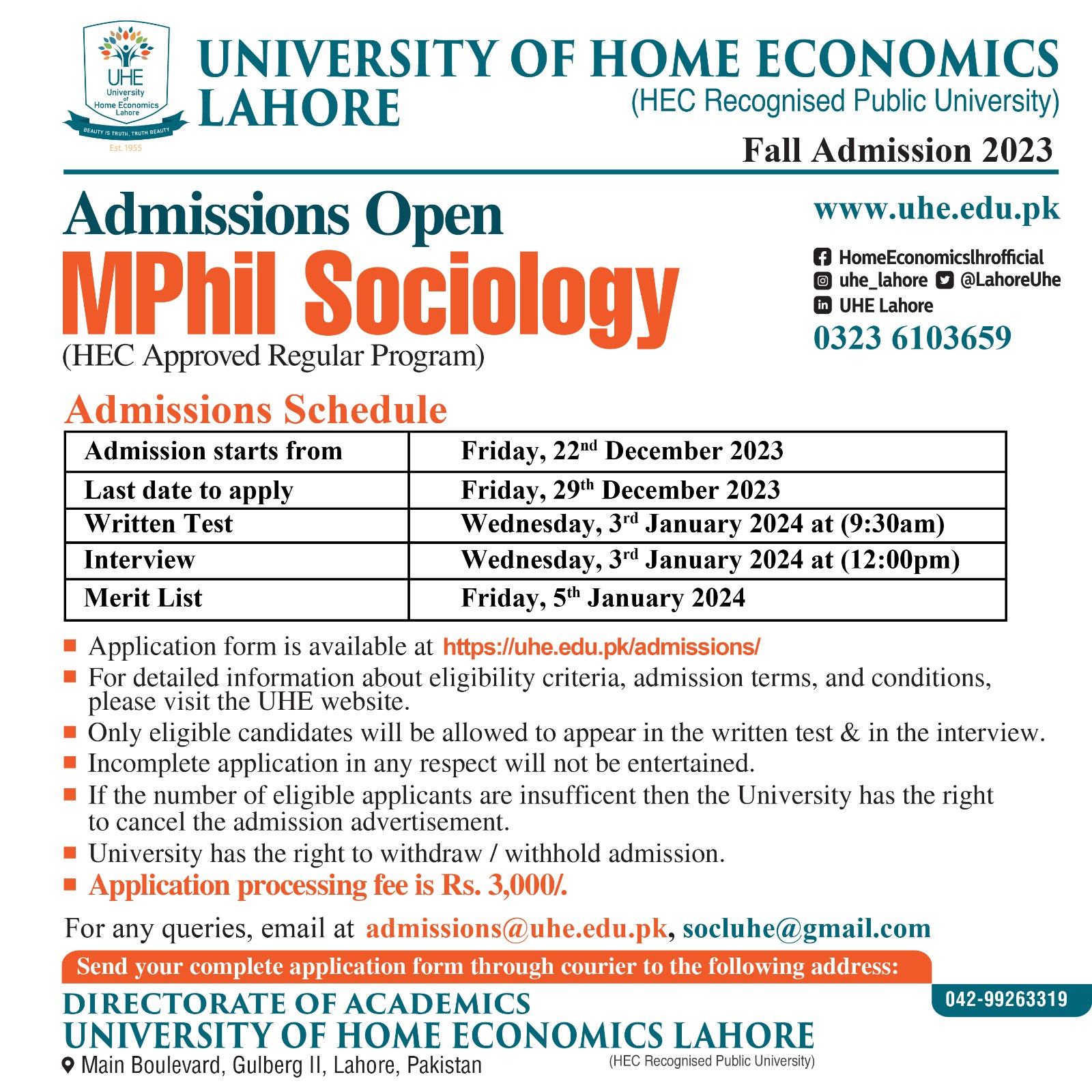 Admissions University of Home Economics Lahore