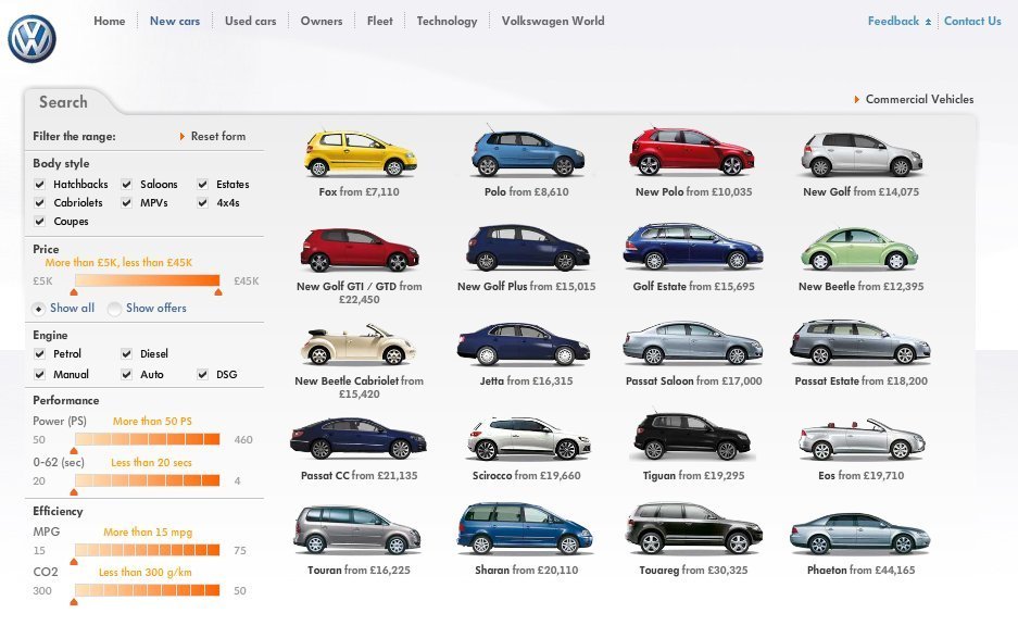 Search Filters design pattern example at volkswagen.co.uk 6 of 10