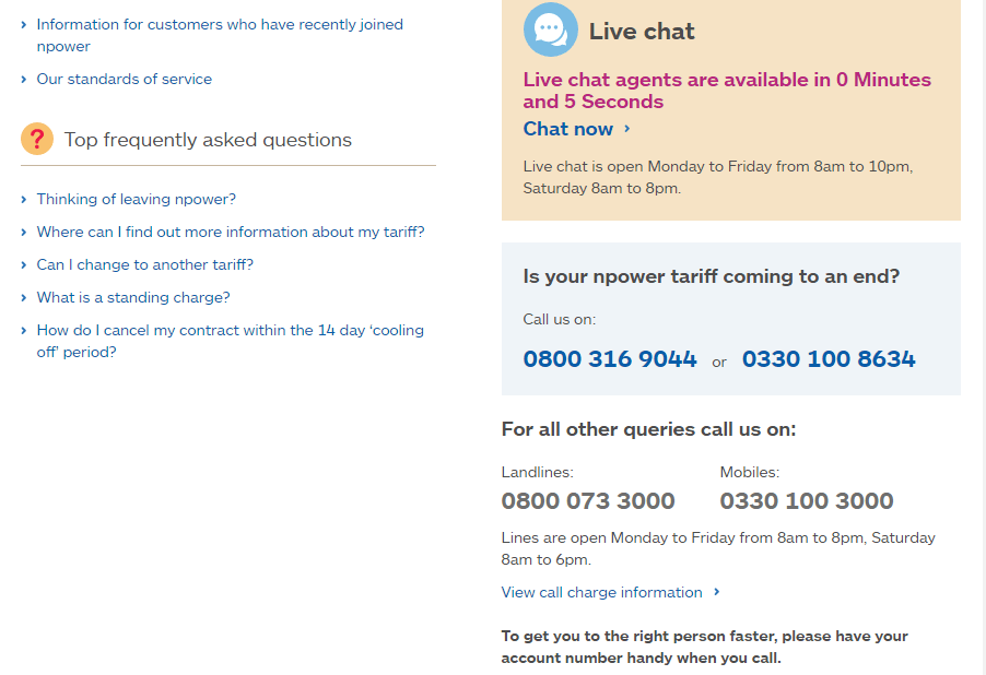 gas tariffs UK Contact Numbers