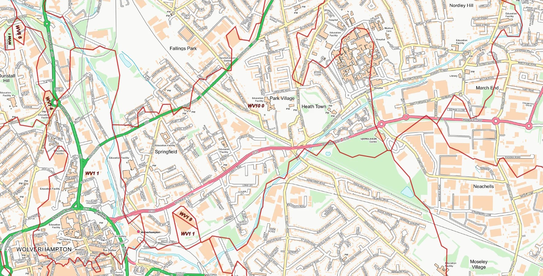 Central Wolverhampton Postcode City Street Map Digital Download