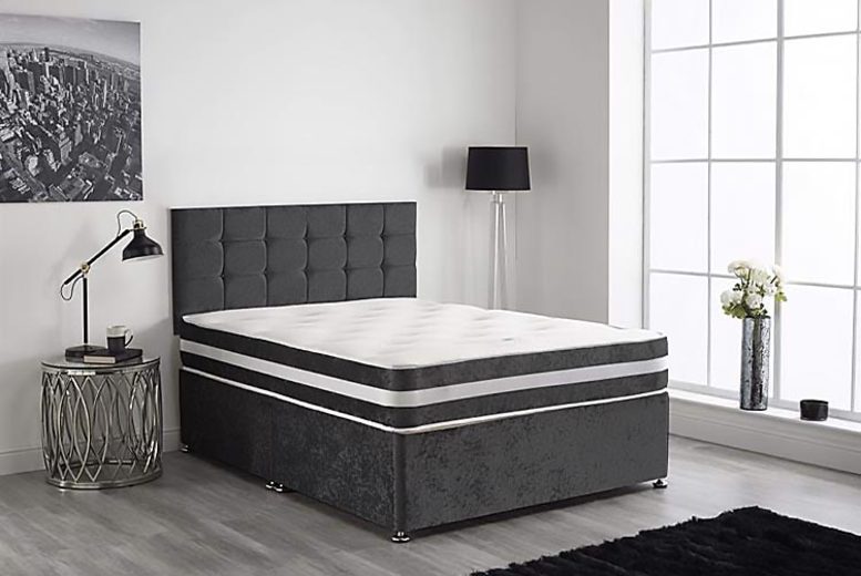 Black Crush Velvet Divan Bed Set Memory Foam Mattress & Headboard