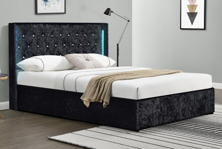 Black Crushed Velvet Wingback LED Bed Optional Mattress UK Mattress
