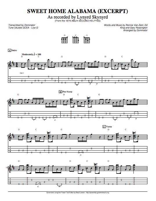 "SWEET HOME ALABAMA" Ukulele Tabs by Lynyrd Skynyrd on UkuTabs