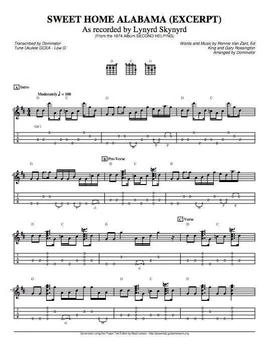"SWEET HOME ALABAMA" Ukulele Tabs by Lynyrd Skynyrd on UkuTabs