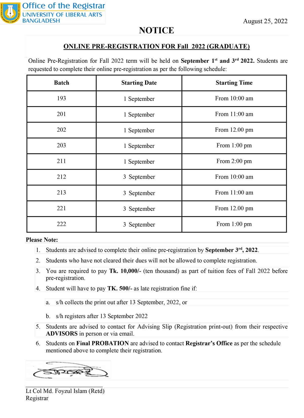 Online PreRegistration Fall 2022 Graduate University of Liberal