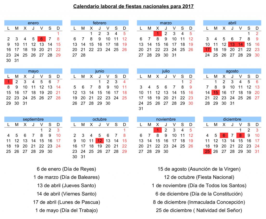 El calendario laboral para 2017 contará con 12 días festivos, nueve