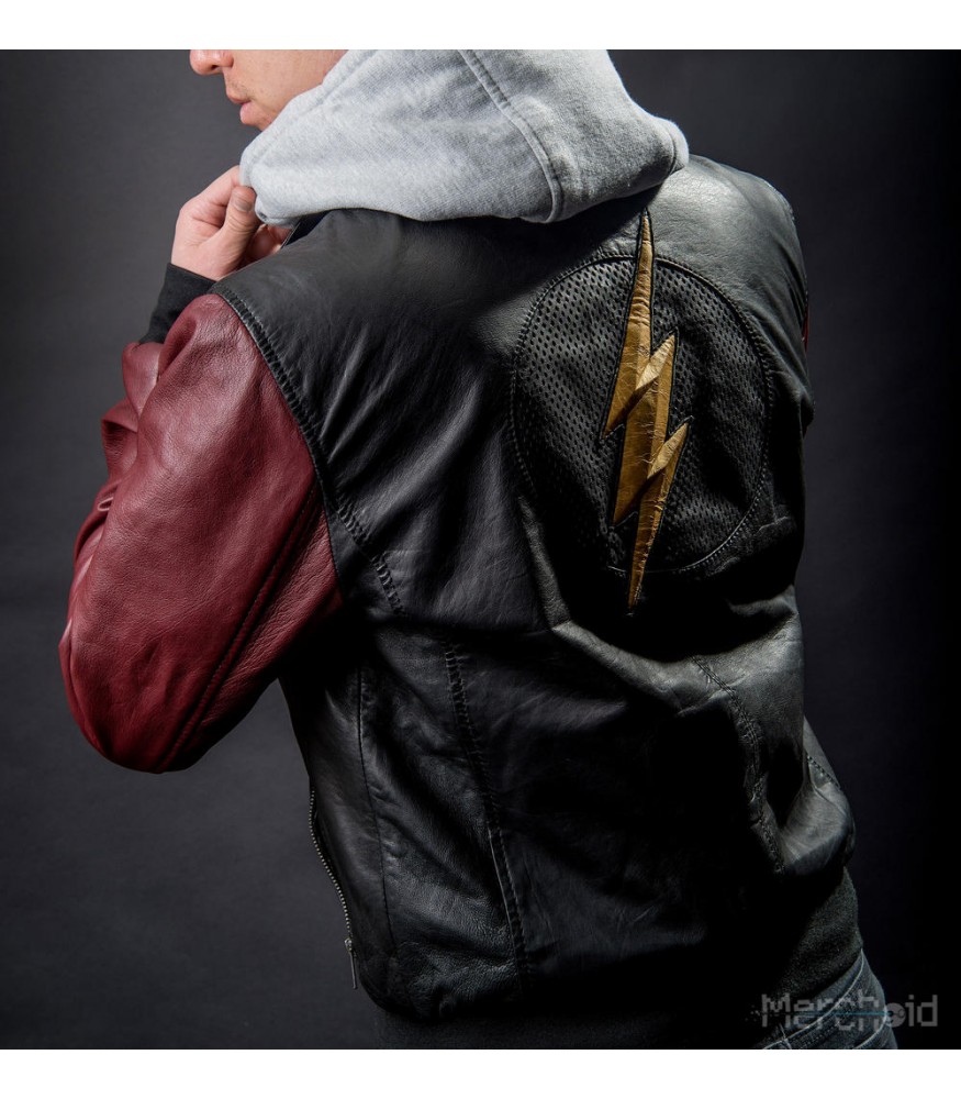 JUSTICE LEAGUE MOVIE THE FLASH LEATHER HOODED JACKET