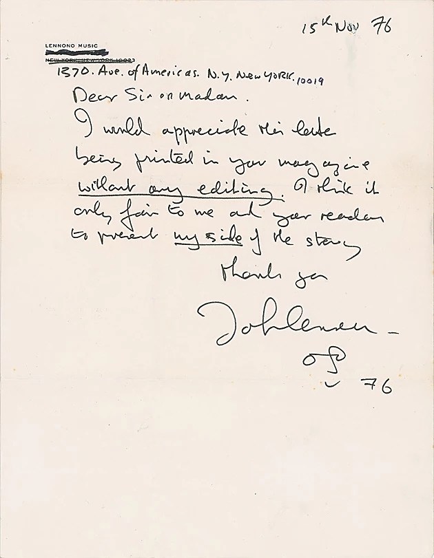 John Lennon’s Letter to ExWife for Sale at Auction