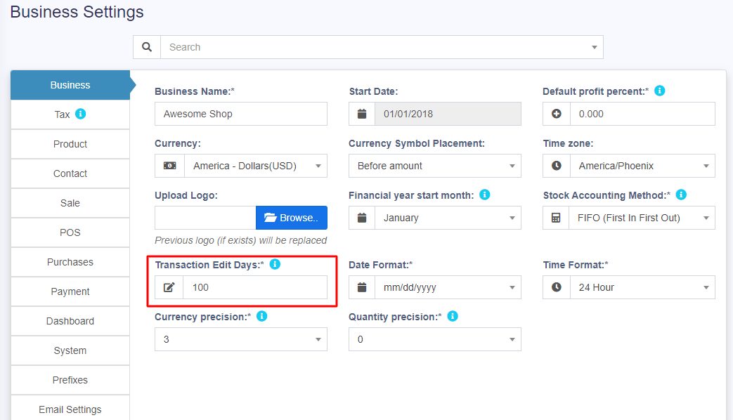 Business Settings Power POS