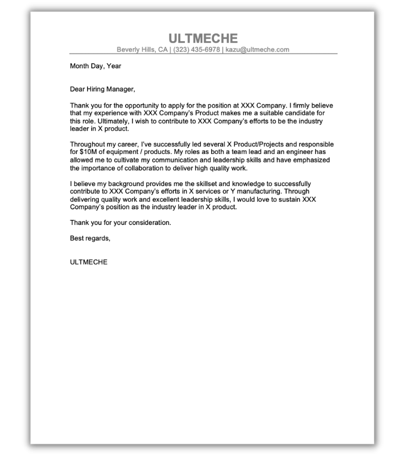 Mechanical Engineering Cover Letter ULTMECHE