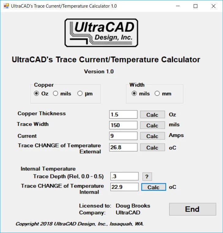 UltraCAD's Trace Current/Temperature Calculator