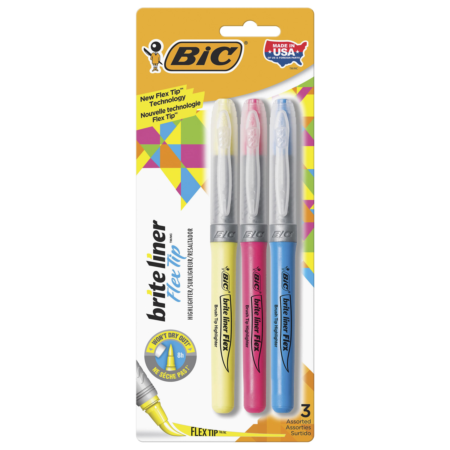 BIC Brite Liner Flex Tip Highlighters, Assorted Colours, 3/PK Umber
