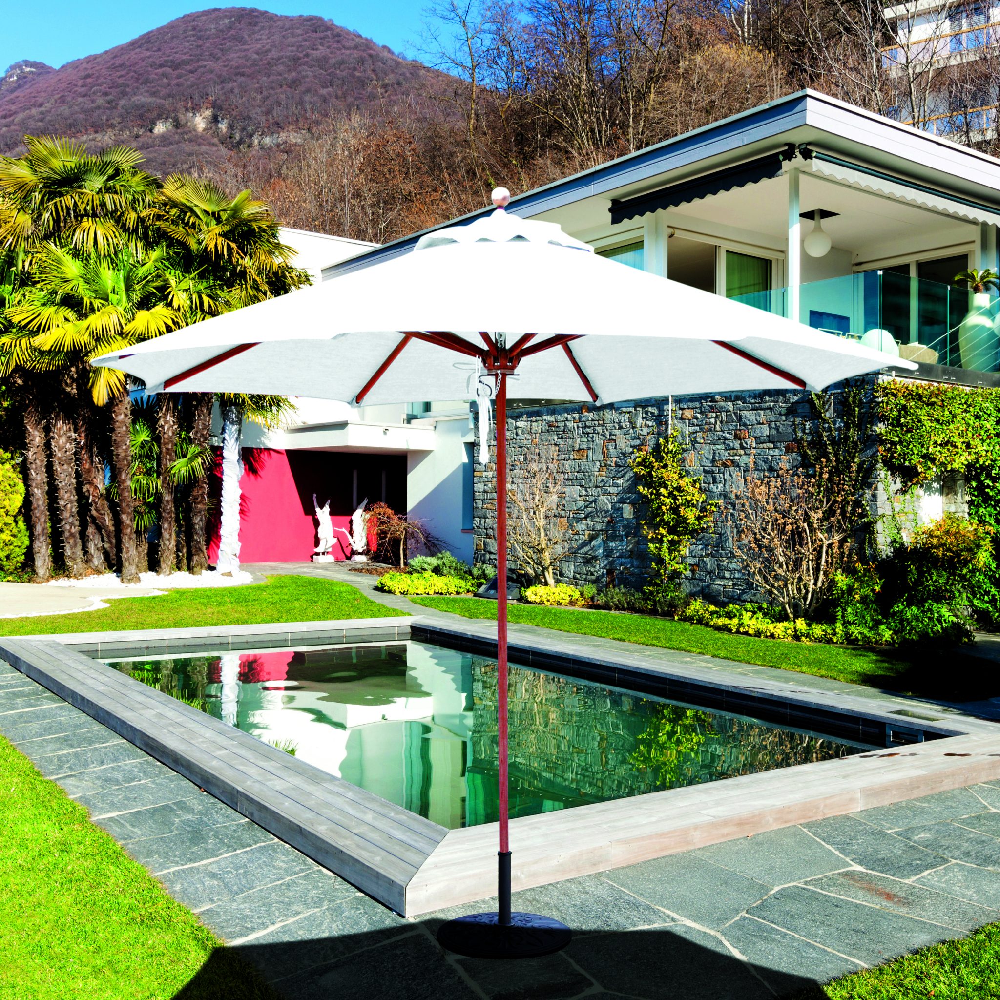 Galtech 532 9' Deluxe Round Teak Wood Umbrella • Umbrella Specialist