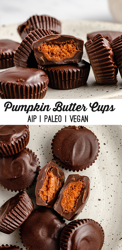 A speckled plate topped with many chocolate pumpkin butter cups with text reading \"pumpkin butter cups aip paleo vegan\"