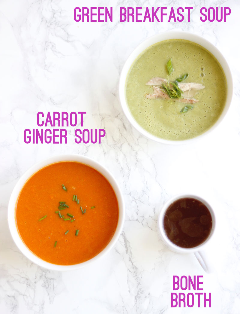 Two bowls of soups on a countertop.