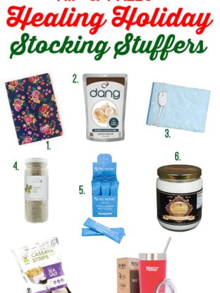 A collage of stocking stuffers with a journal, a heating pad, coconut oil, collagen and paleo snacks.