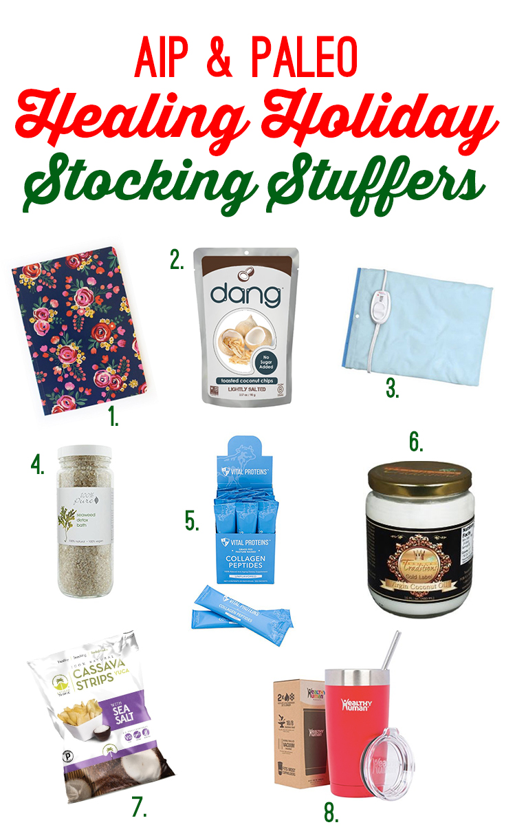 A collage of stocking stuffers with a journal, a heating pad, coconut oil, collagen and paleo snacks.