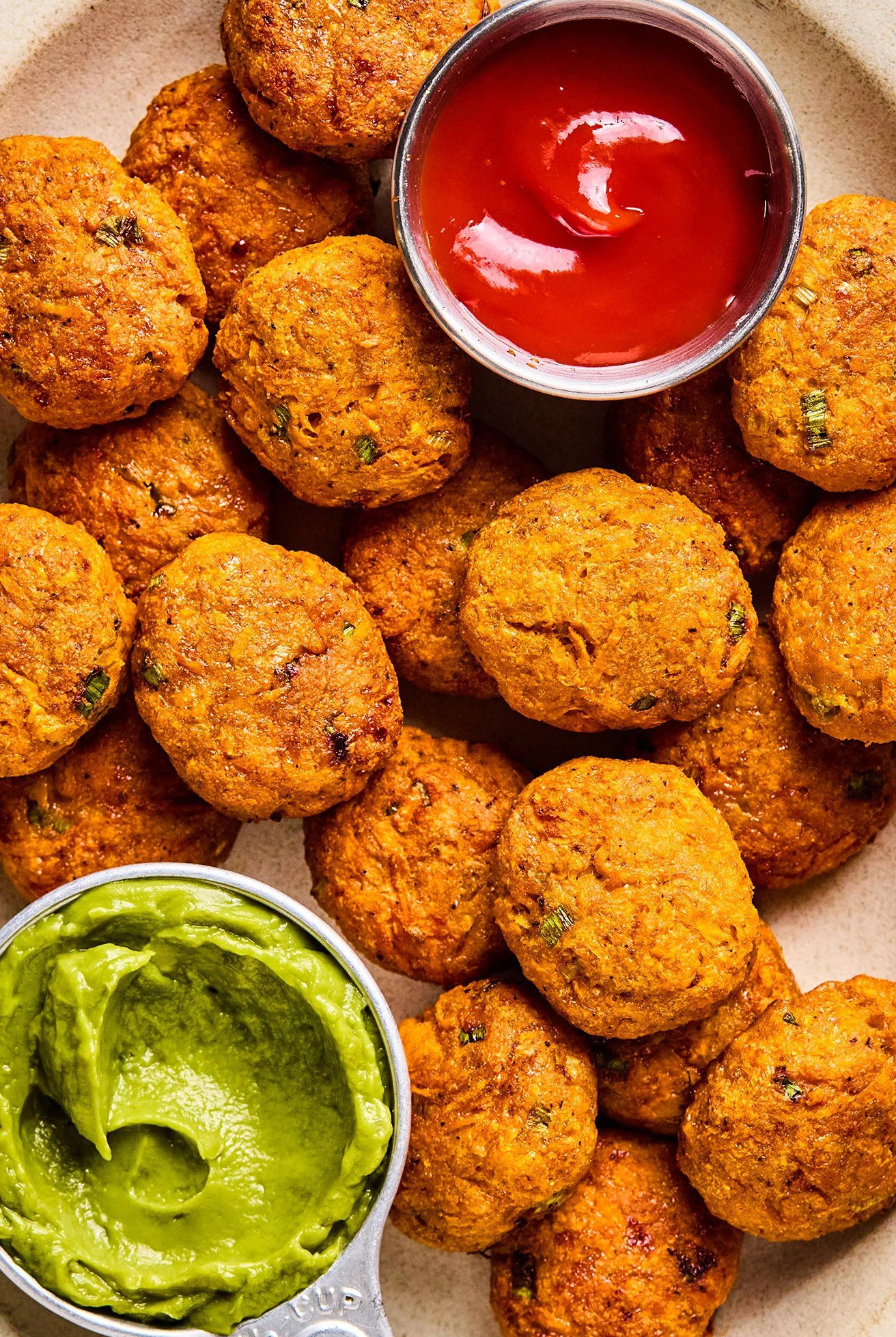 Sweet Potato Chicken poppers with dipping sauce.