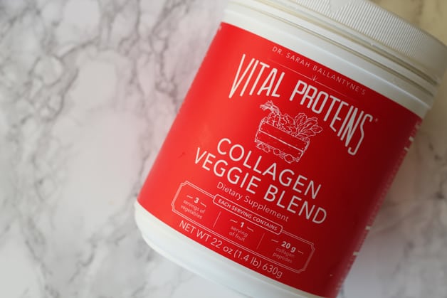 A container of Vital Proteins collagen veggie blend sitting out.