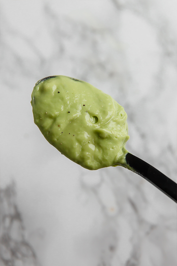 A spoon holding a spoonful of avocado.