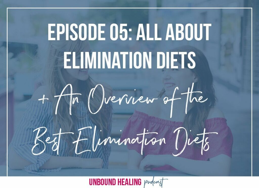 A blue background with text saying \"Episode 05: All about elimination diets + an overview of the best elimination diets\"