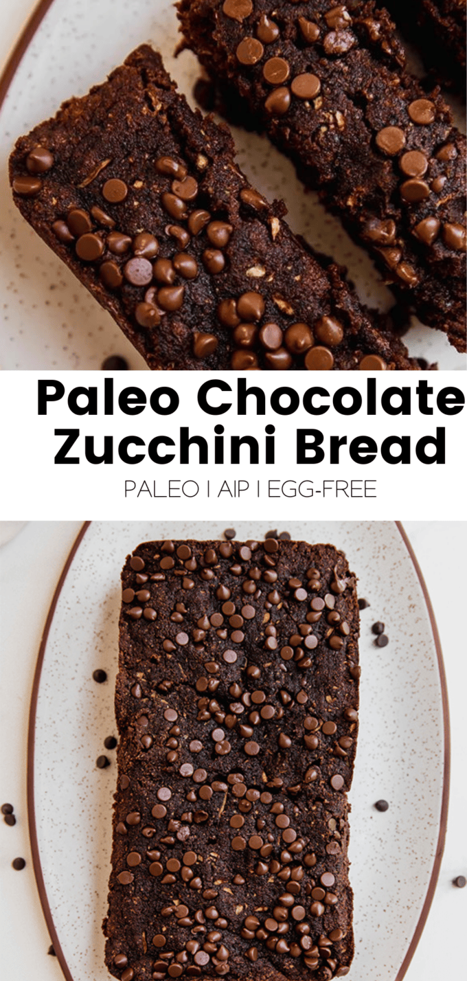 Collage with text \"Paleo Chocolate Zucchini Bread Paleo | AIP | Egg-Free.\"