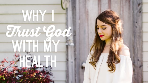 A photo of Michelle in a white top looking down with text saying \"why I trust God with my health\"