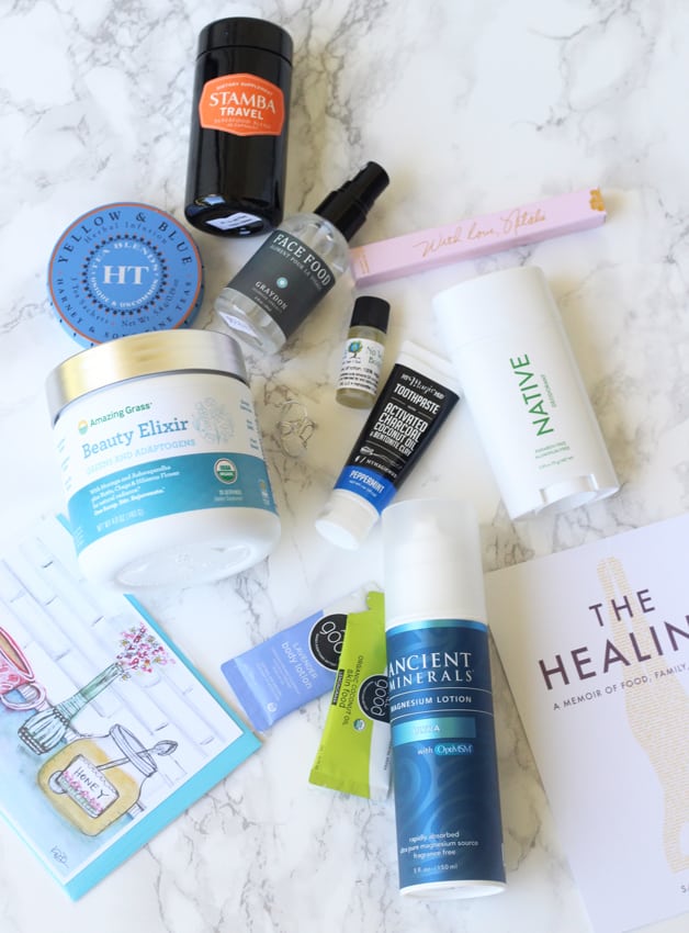 A bunch of personal care and supplement products sitting out on a counter.