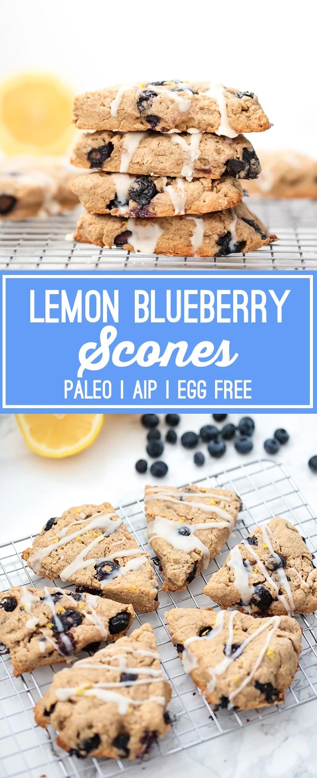 Lemon blueberry scones on a cooling rack with text saying \"lemon blueberry scones paleo AIP egg-free\" next to it.