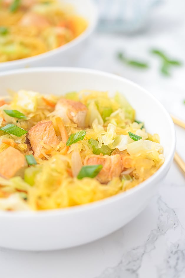 A white bowl filled with chow mein.