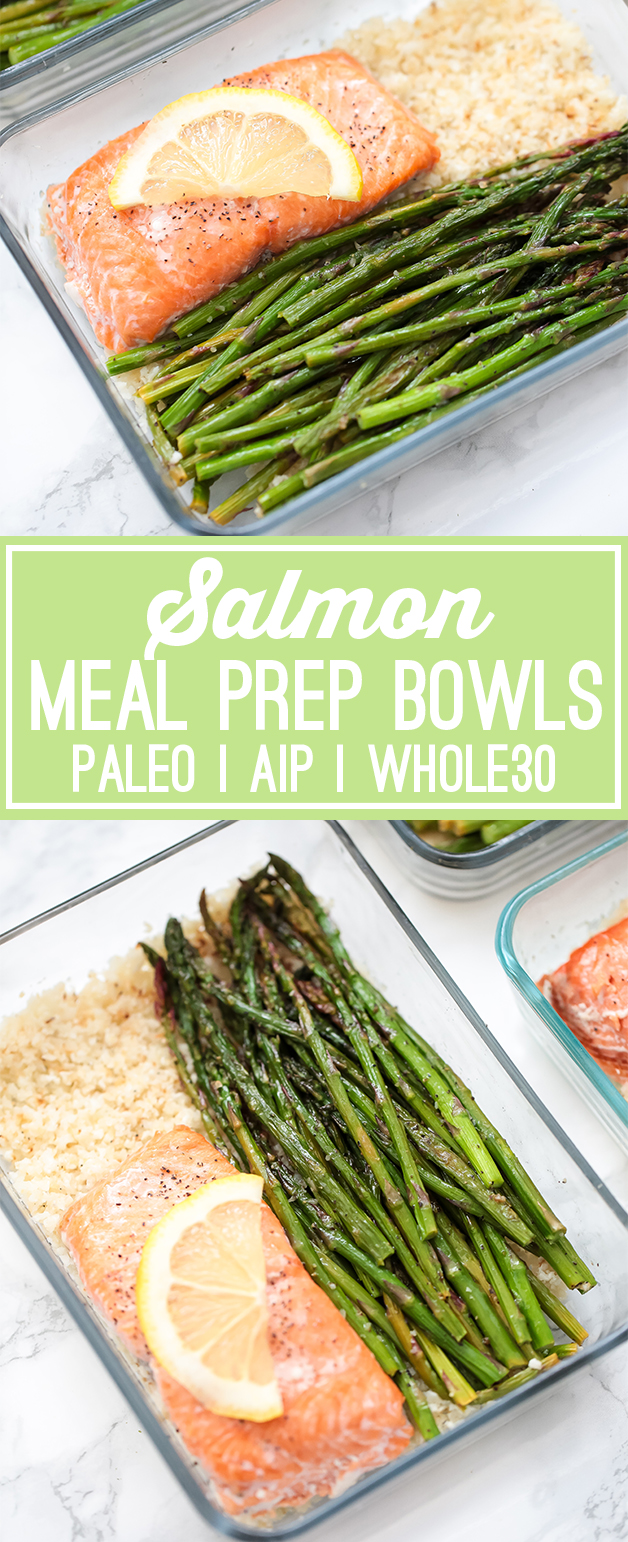 Meal prep containers filled with salmon, aspargus, and cauliflower rice, with text saying \"salmon meal prep bowls Paleo AIP Whole30\"