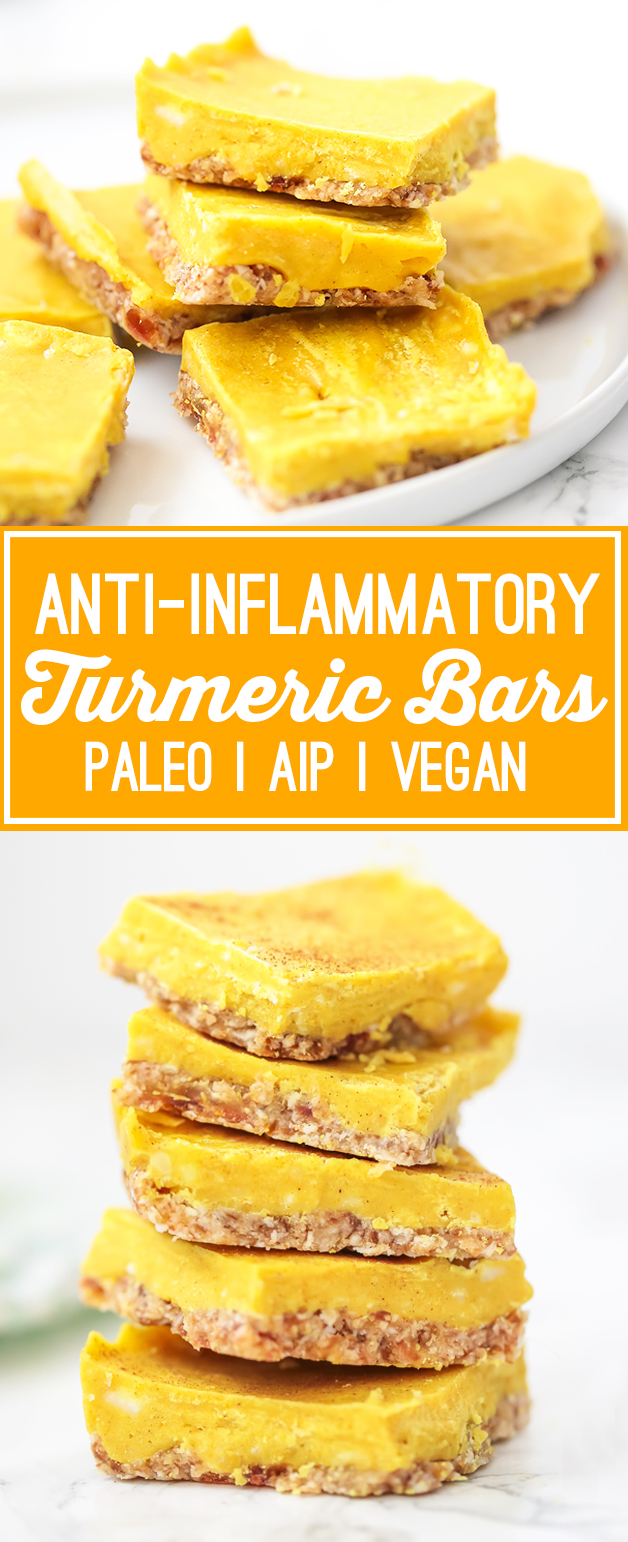 Turmeric bars stacked with text reading \"anti-inflammatory turmeric bars paleo AIP vegan\" next to it.