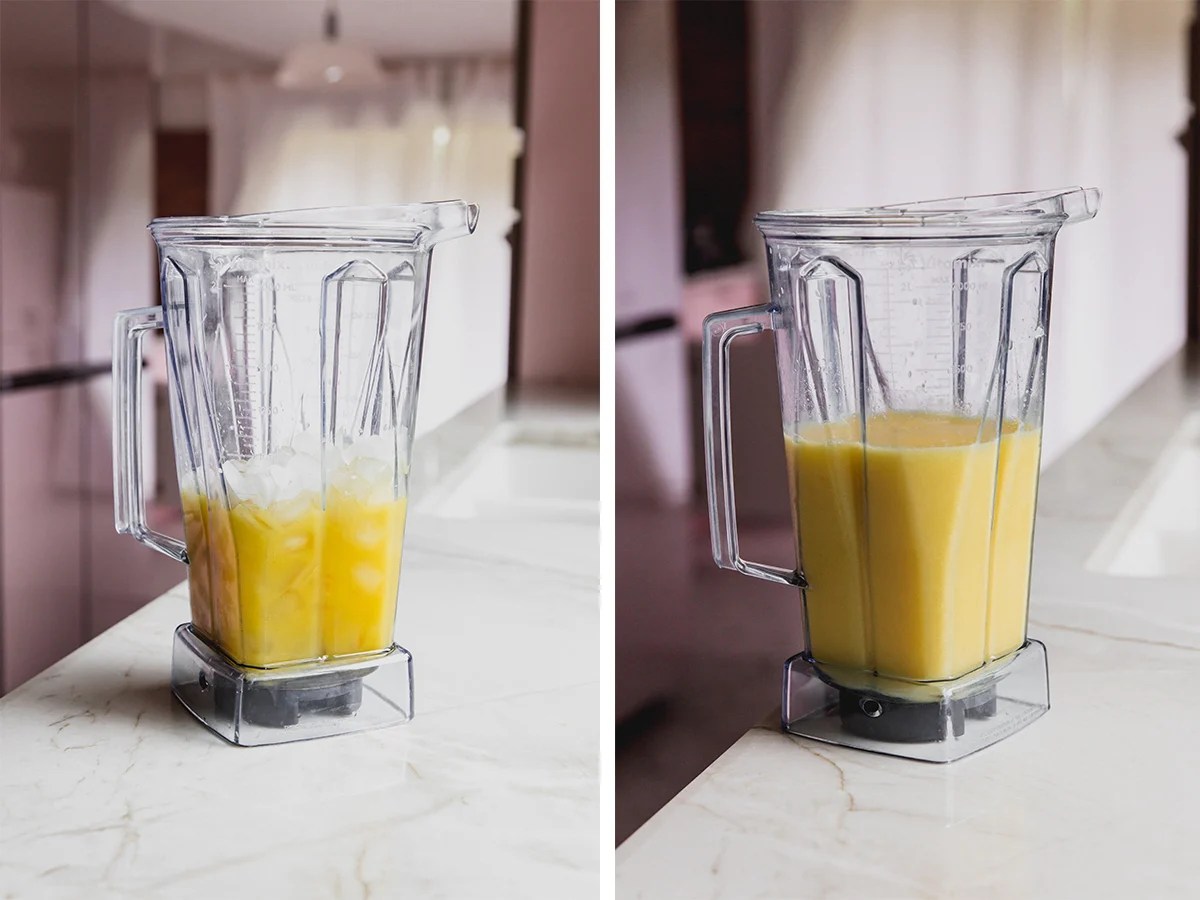 Mango mocktail ingredients in a blender.