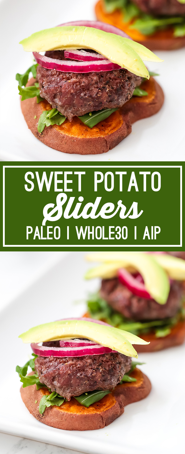 A white plate with a a beef slider on a roasted sweet potato bun toped with onion and avocado next to roasted sweet potato fries and arugula. with text reading \"sweet potato sliders Paleo Whole30 AIP\"