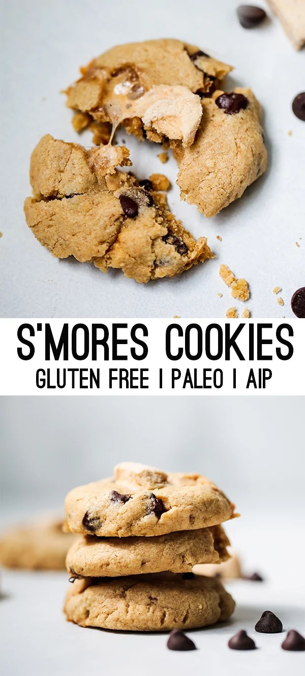 A few s\'mores cookies with text reading \"s\'mores cookies gluten free paleo AIP\"