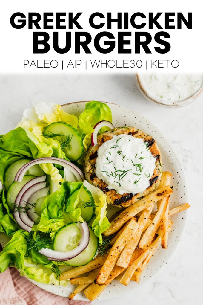 Plate of food with text \"Greek Chicken Burgers Paleo | AIP | Whole30 | Keto.\"
