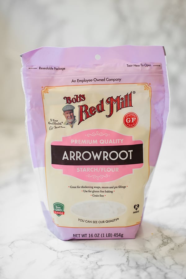 A bag of Bob\'s Red Mill Arrowroot Starch standing up on a counter.