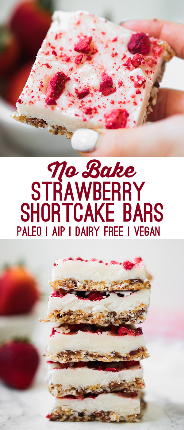 A stack of strawberry shortcake bars with text reading \"no bake strawberry shortcake bars paleo aip dairy free vegan\".