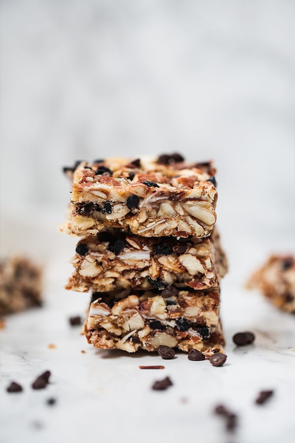 A stack of three granola bars stacked on top of each other.