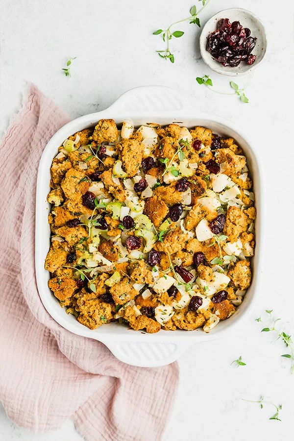 Paleo Thanksgiving cornbread stuffing in a baking dish.